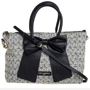 KARL LAGERFELD TWEED LEATHER Black White Gold Kris Bow Handbag Tote Crossbody